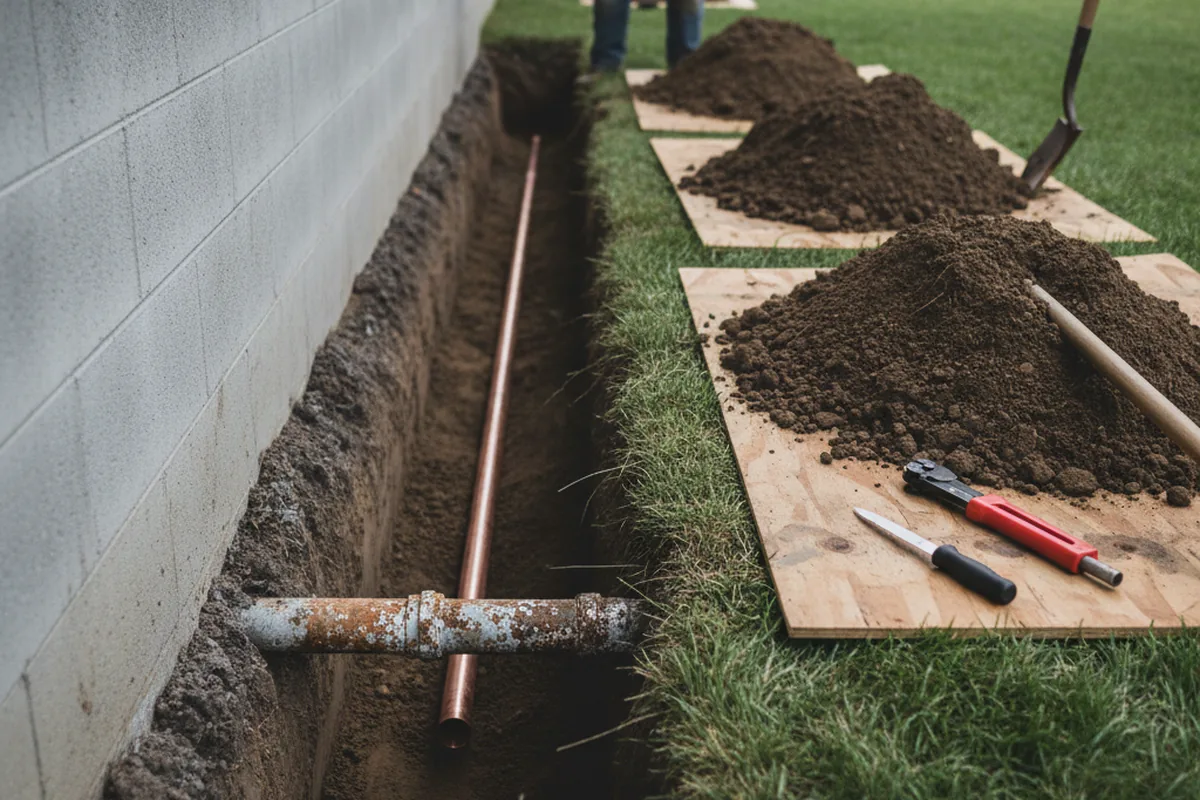 Excavated water line trench during Water Softener Installation in Clayville